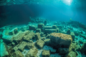 Naklejka na ściany i meble Remains of an ancient human settlement hidden beneath the depths of the sea, studied by the scientific discipline of underwater archaeology. Generative AI