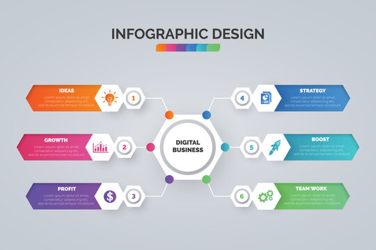 Timeline infographic visualization design template and business icons with 6 options, steps, process for presentation, layout, diagram chart, anual report