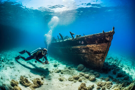 Underwater archeologist explores the shipwreck. Through careful investigation, valuable insights into the maritime past are unveiled. Generative ai