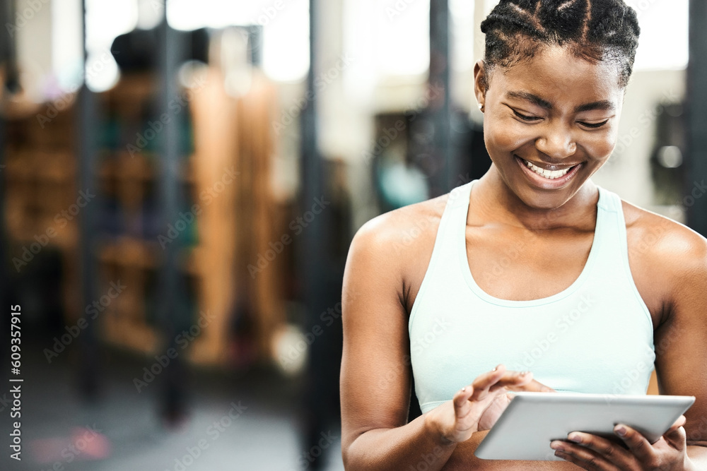 Poster Happy, black woman with a tablet and in a gym with a smile for inventory. Fitness or workout, training or exercise for motivation and African female athlete smiling for health wellness in sportswear