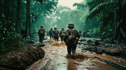 American soldiers walk through the swamp and mud in the jungles of Vietnam. Generative Ai - obrazy, fototapety, plakaty