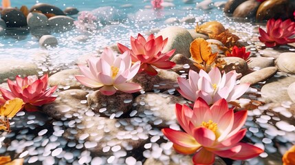 Radiant Serenity: Overhead View of Transparent Colorful Pebbles and Blooming Snow Lotus Flowers under a Warm Sun