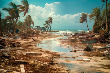 Powerful hurricane as debris covers a once-pristine beach area. Impact of severe weather events on coastal communities. Generative AI