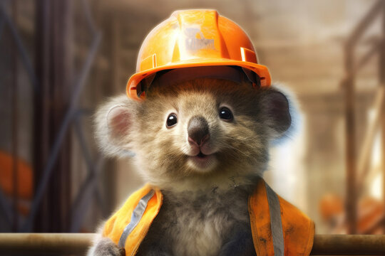 Portrait of a cute young fluffy coala wearing safety helmet as a builder, Generative AI