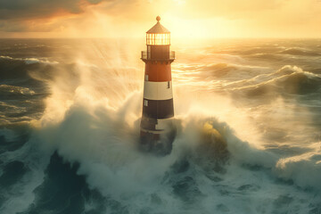 The power of nature: the lighthouse surrounded by powerful waves, Generative AI