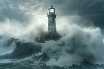 The power of nature: the lighthouse surrounded by powerful waves, Generative AI