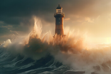 The power of nature: the lighthouse surrounded by powerful waves, Generative AI
