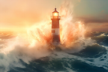 The power of nature: the lighthouse surrounded by powerful waves, Generative AI