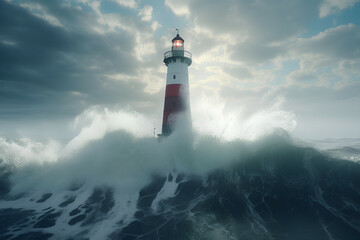 The power of nature: the lighthouse surrounded by powerful waves, Generative AI