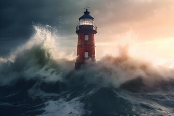 The power of nature: the lighthouse surrounded by powerful waves, Generative AI
