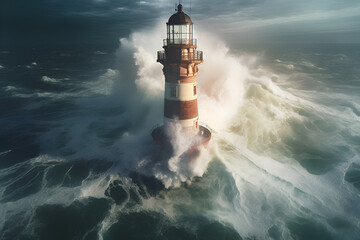 The power of nature: the lighthouse surrounded by powerful waves, Generative AI