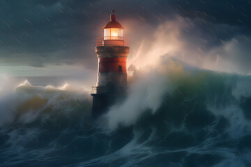 The power of nature: the lighthouse surrounded by powerful waves, Generative AI