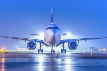 Obraz premium Heavy fog causes flight dalay, passanger plane waiting on the tarmac. Generative AI