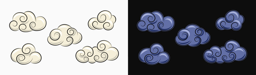 Clouds set on white, black background in vintage style. Cartoon white fluffy clouds for day and blue clouds for night. Good for groovy, hippie, naive style, kids design.