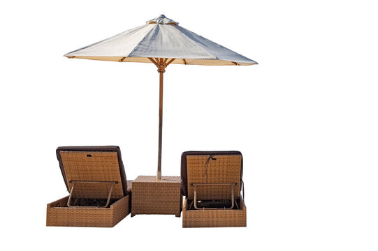 Two sunbeds or sun loungers with parasol isolated on pure white, copy-space