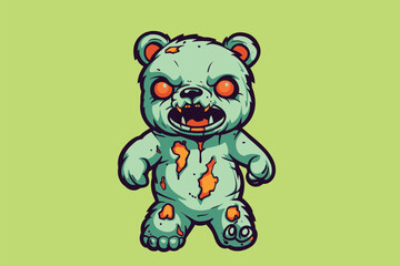 Cute cartoon bear with blood on green background. Vector illustration.