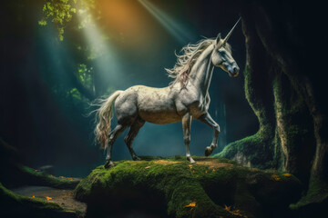 Obraz na płótnie Canvas Majestic unicorn roaming the enchanted forest, bathed in soft, ethereal light, with iridescent mane and shimmering horn. Generative AI.