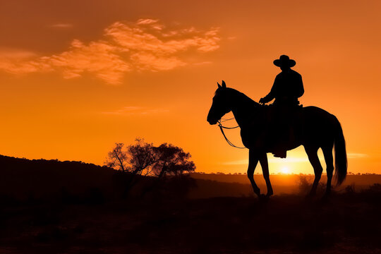 A cowboy riding a horse at sunset andsilhouette, AI generate