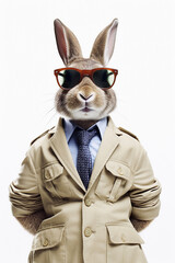 Rabbit in glasses, raincoat and tie, a private detective, detective, detective agency. Manager, businessman, real estate agent, realtor
