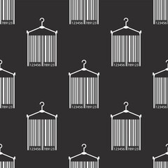 Seamless pattern with clothes hanger and barcode. Shopping, prices and discounts concept. Monochrome texture design for print, web and others