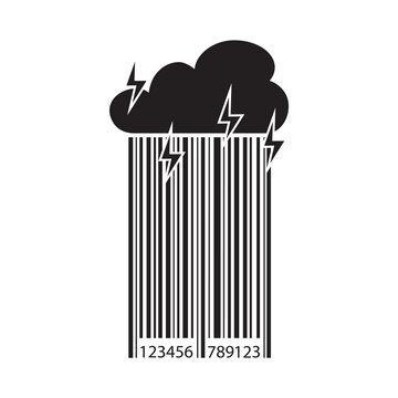 Bar code - cloud, lightning and rain. Black stripes falls from cloud. Barcode for scan, retail concept. Shopping addiction. Promotion campaign, marketing. monochromatic design