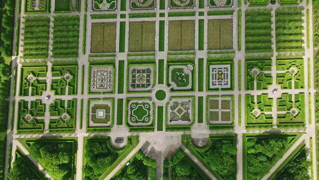 Drone shot of Herrenhausen Gardens ( Herrenh&auml;user G&auml;rten ) , Hanover , Germany . Gardens are made up of the Great Garden (Gro&szlig;er Garten), the Berggarten, the Georgengarten and the Welfengarten. 