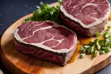 raw cooked meat steak on a plate