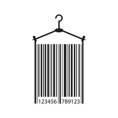 Clothes hanger and barcode. Shopping, prices and discounts concept. Monochrome design isolated on white,