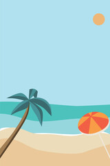 Fototapeta na wymiar Summer beach background with sky, sand, sun, palm, parasol. Vector illustration.