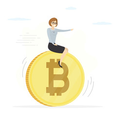 Big bitcoin is rolling in the direction of profits. Happy woman investor sits on cryptocurrency and rides to success. Profitable investments in nft and blockchain technology.