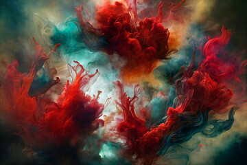 Red, turquoise and grey smoke, dust, liquid color. Underwater color. Space nebula. Abstract surreal background. Generative AI