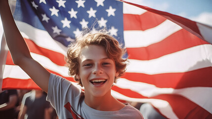 American kid holding USA flag, happy smiling at the camera. Generative AI