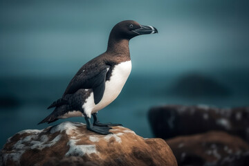 Great Auk, a flightless bird that once roamed the North Atlantic. Bird's distinctive black and white feathers, beady eyes, and sleek physique. Generative AI.
