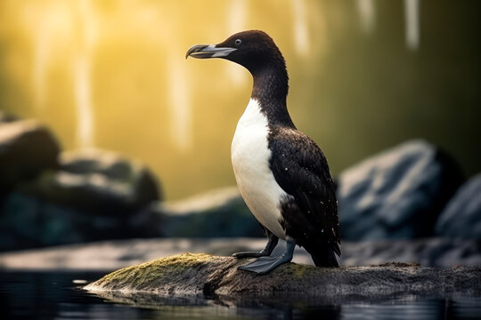 Great Auk, a flightless bird that once roamed the North Atlantic. Bird's distinctive black and white feathers, beady eyes, and sleek physique. Generative AI.
