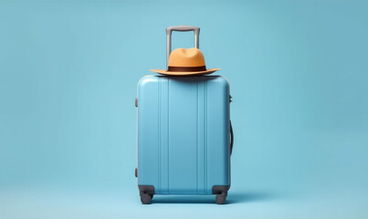 traveler blue holiday journey suitcase vacation baggage trip travel background hat. Generative AI.