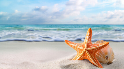 Fototapeta na wymiar A starfish resting on the sand next to a beach