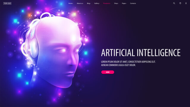 Web banner with artificial Intelligence computer database concept with neural network in form of cybernetic face. AI with digital brain. Head of artificial intelligence with mind