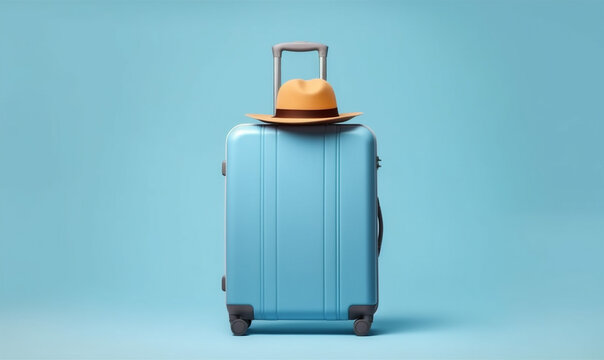 traveler blue holiday journey suitcase vacation baggage trip travel background hat. Generative AI.