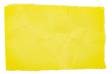 Single piece of isolated ripped crumpled blank yellow paper with copy space for text, top view from above on white or transparent background
