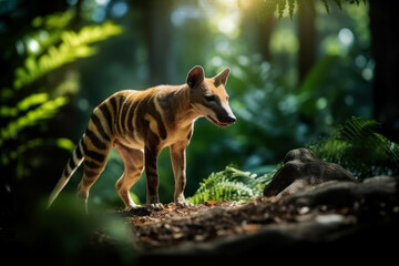 Extinct Tasmanian Tiger or thylacine, a fascinating marsupial predator that once roamed the Australian mainland and Tasmania.   Generative AI. - obrazy, fototapety, plakaty