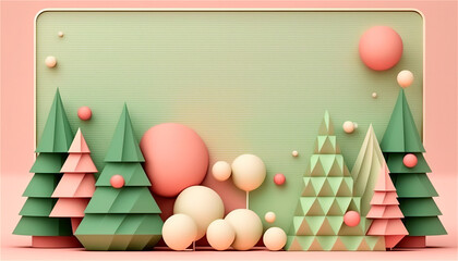 Obraz premium Paper Christmas decoration template with trees in pastel colors in 3D format with space for text. Christmas card. AI generated