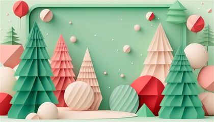 Paper Christmas decoration template with trees in pastel colors in 3D format with space for text. Christmas card. AI generated