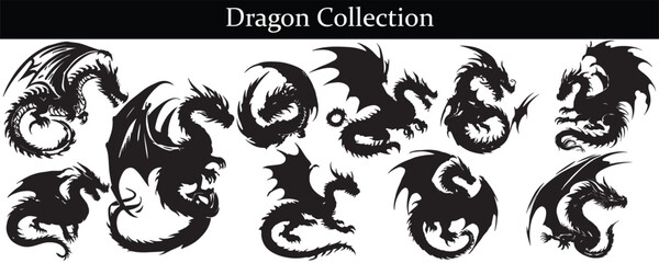 dragon tattoo design. dragon set. Simple dragon collection. Different style dragon set. Vector illustration.