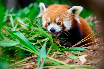 Adorable panda rojo comiendo bambu