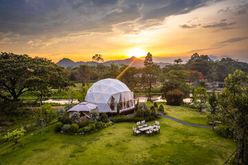 Aerial view of a glamping or camping area with tents in Khao Yai, Nakhon Ratchasima, Thailand