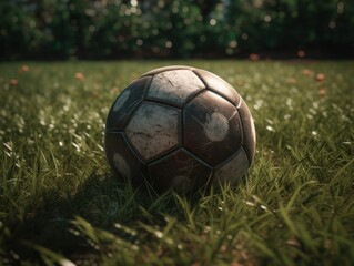 Soccer ball on green grass Created with Generative AI technology