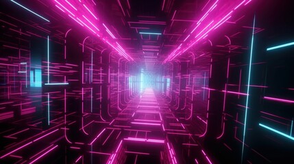 3d render, abstract tunnel, urban background, futuristic pink neon light, geometric structure, big data, quantum computer, storage, cyber safety, virtual, Generative AI