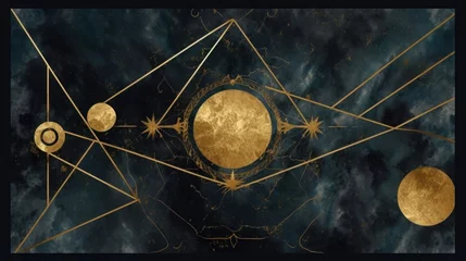Fotobehang abstract cosmic background with gold metallic foil and marbled textures inlay. Sacred geometry with cosmology motif. Star track wallpaper, Generative AI © Divyesh