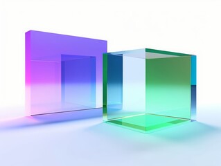 3d render, abstract simple geometrical shapes isolated on white background. Flat square glass with blue violet green gradient. Modern minimal concept, Generative AI