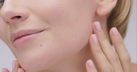 Woman, touch face, beauty and ski closeup, antiaging cosmetic treatment and clean skincare. Natural cosmetics, female model and facial with portrait, dermatology and wellness with hands and manicure - Powered by Adobe